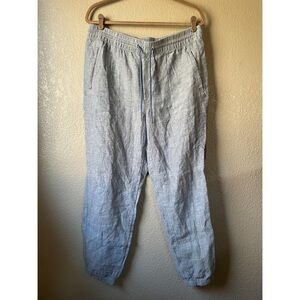 Athleta Retreat Womens 14 100% Linen Blue Jogger Pants Drawstring Zip Pockets